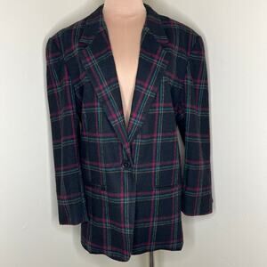 Vtg International Scene Wool Blazer Jacket 9/10 Womens Plaid Black 80s Academia